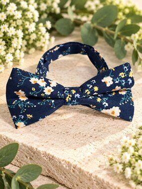 Floral Adjustable Bow Tie Navy Yellow White Print Spring Dance Neck To 18 Inches